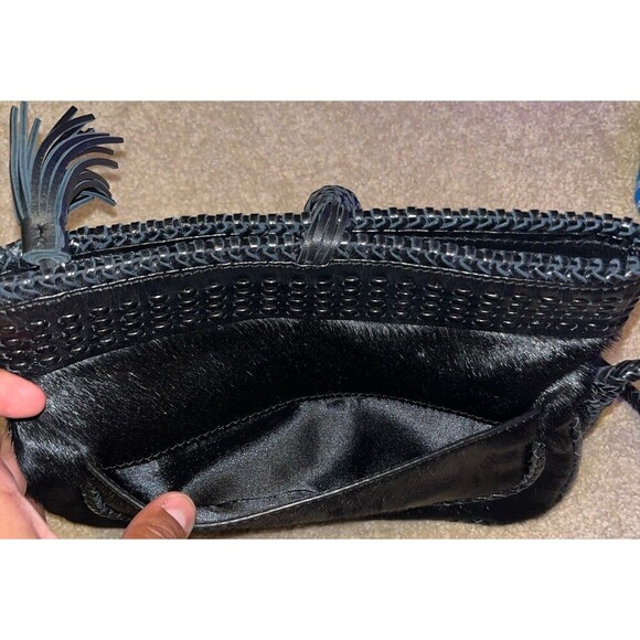 Francesco Biasia Black Italian Leather Clutch/ Wristlet Purse with Fur / Pockets - Picture 3 of 10